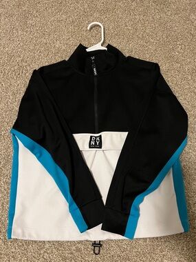 DKNY Black, White & Teal Colorblock Half-Zip Pullover